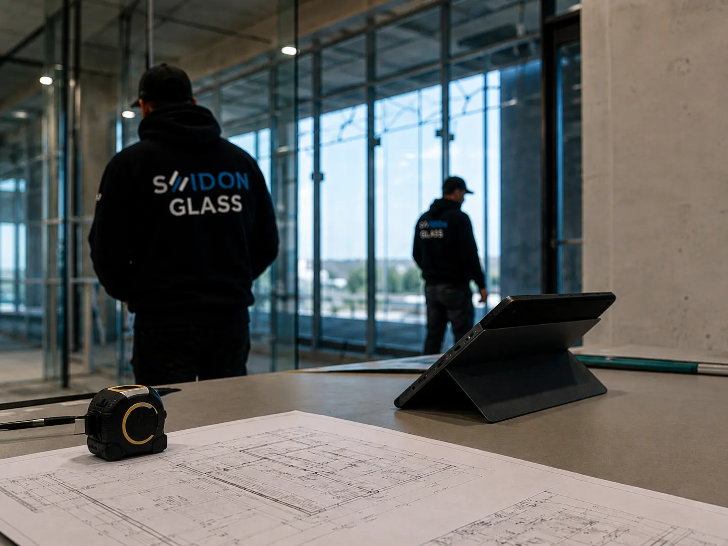 Seidon Glass team reviewing plans and coordinating a commercial glazing installation.
